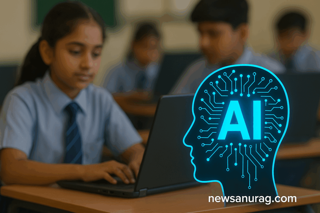 "AI शिक्षा की ओर बढ़ता भारत: स्कूली छात्र लैपटॉप पर सीखते हुए | स्रोत: newsanurag.com"