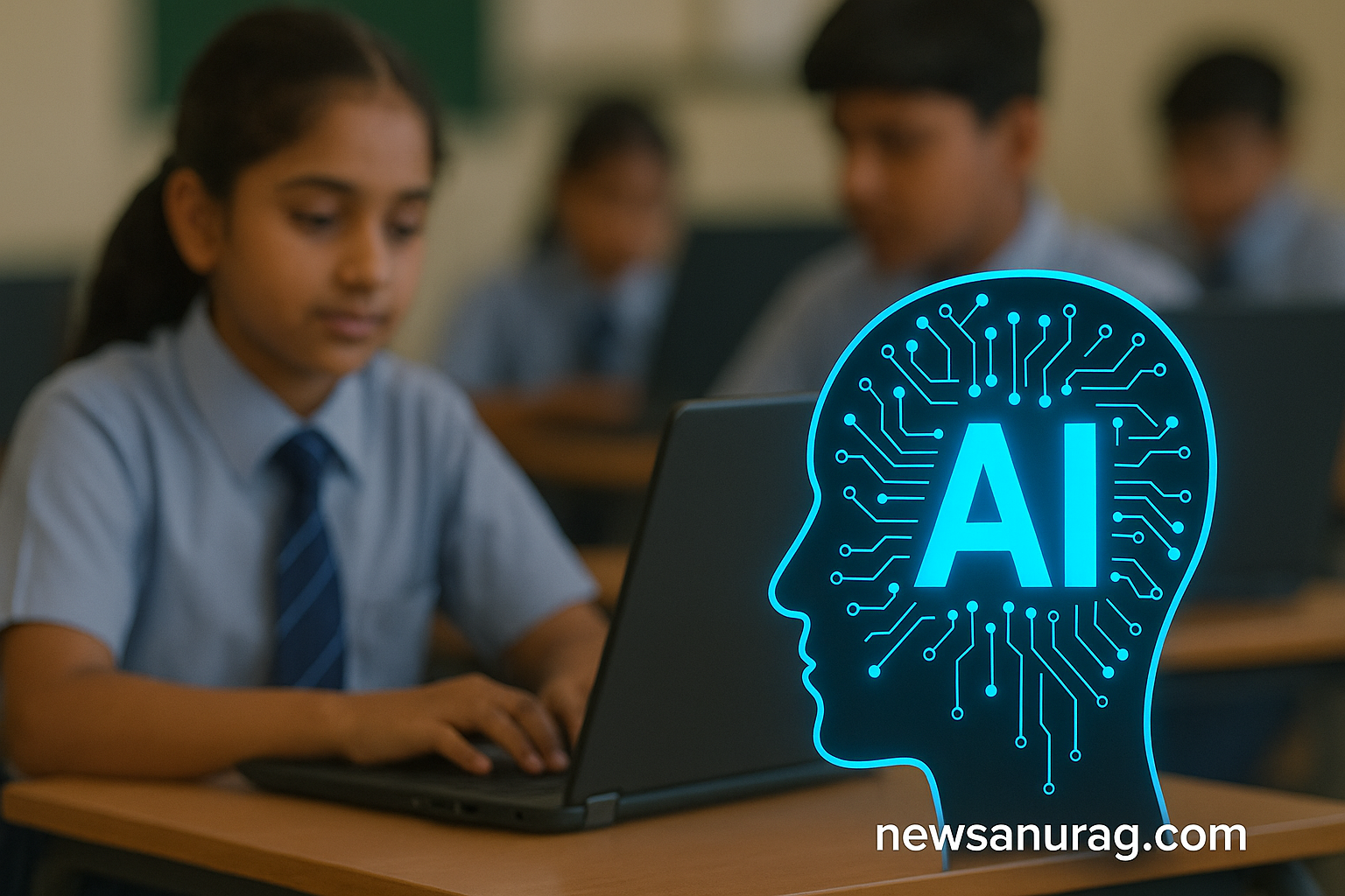 "AI शिक्षा की ओर बढ़ता भारत: स्कूली छात्र लैपटॉप पर सीखते हुए | स्रोत: newsanurag.com"