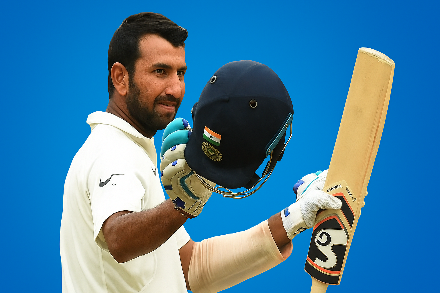"Cheteshwar Pujara raising his bat and helmet in white Test jersey with blue background – Indian cricketer retirement tribute image"